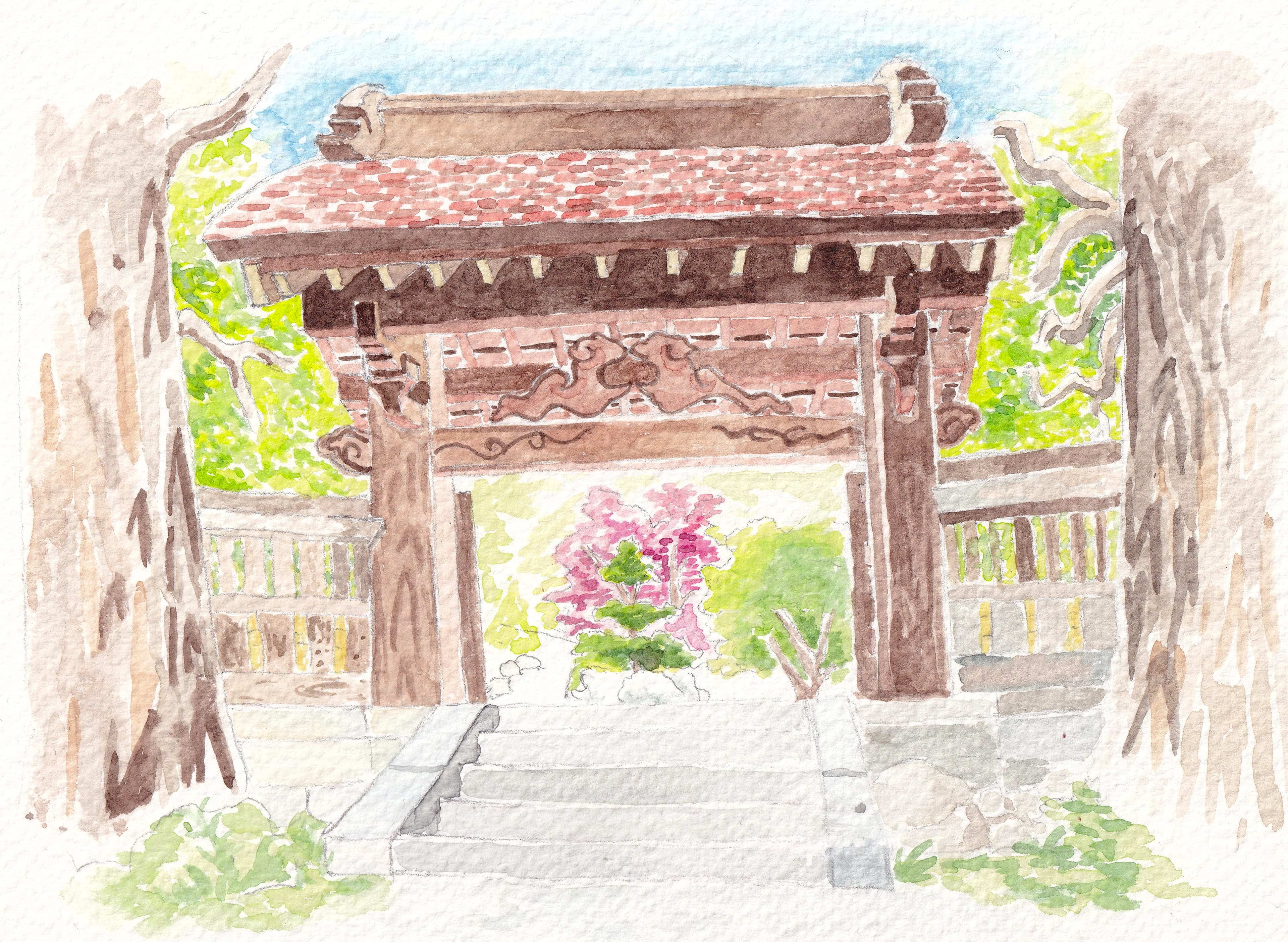 Watercolor painting of Hakone Gardens gate
